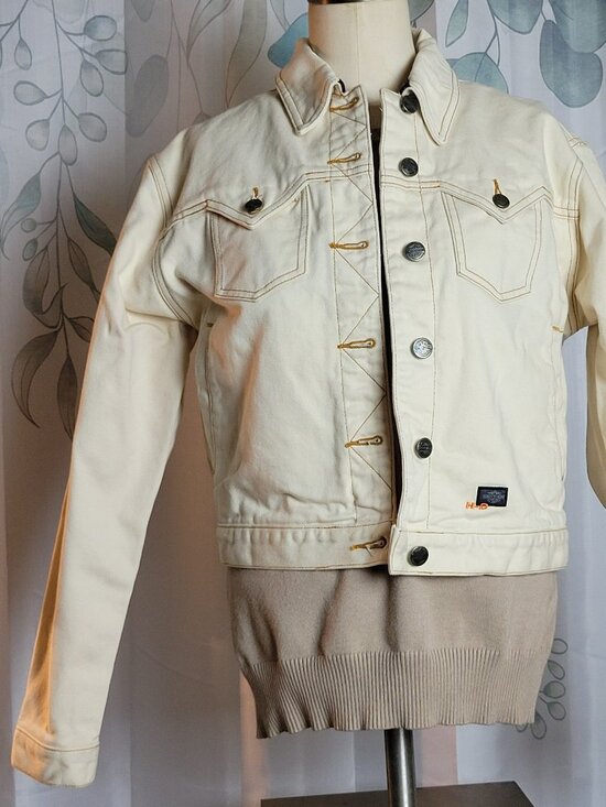 Women's Small Harley Davidson Off White Cream Denim Jacket - Picture 1 of 8